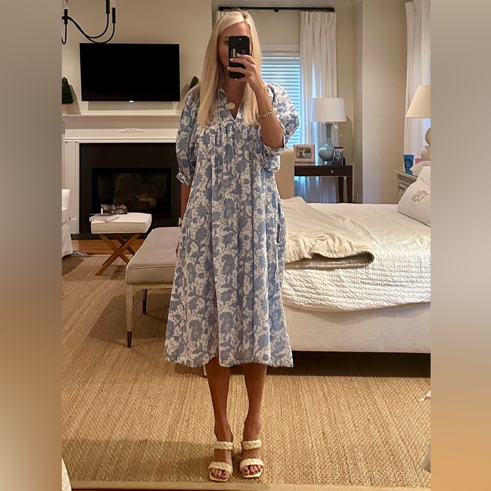 Blue and white dress - size small - Haven brand; lined. Pockets.